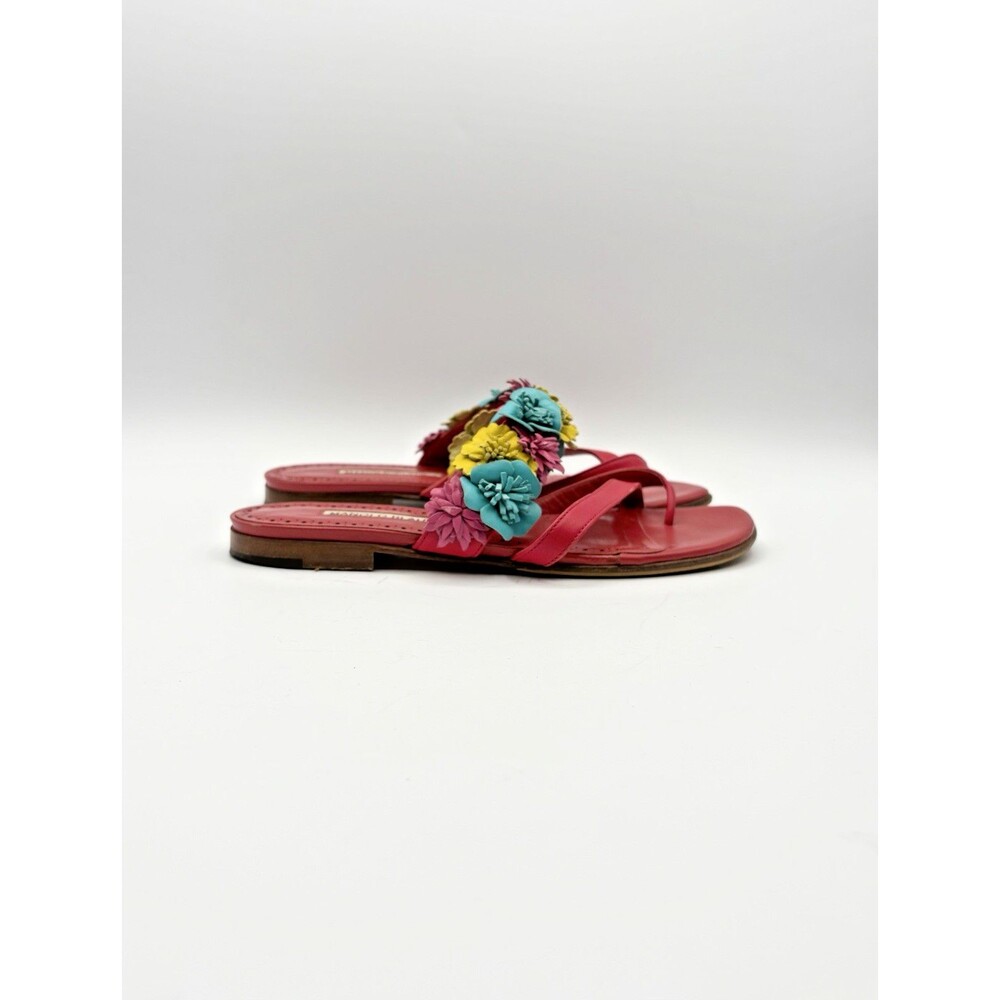 Manolo Blahnik Pink Leather Sandals w/ Floral Applique Accent Size EU 37